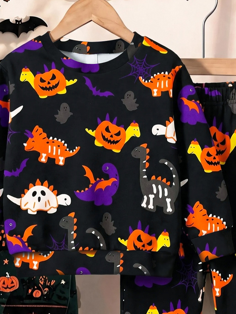 Baby Boy Casual Minimalist Loose Classic Halloween, Halloween Pumpkin, Spider, Witch, Ghost, Dinosaur, Skeleton, Bat Pattern Print Crew Neck Knit Soft Pullover Casual Set Suitable For Autumn/Winter - Multicolor - View 4