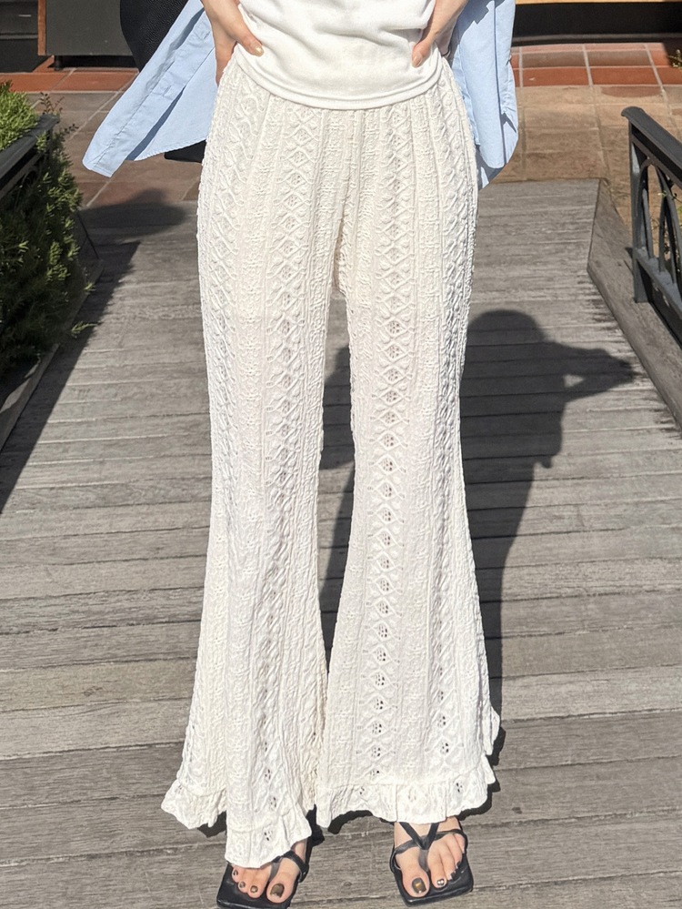 FRIFUL Women's Vacation Geometric Textured Casual Romantic Boho Flare Pants Beach Brunch White Autumn Off-White Autumn - Beige - View 1