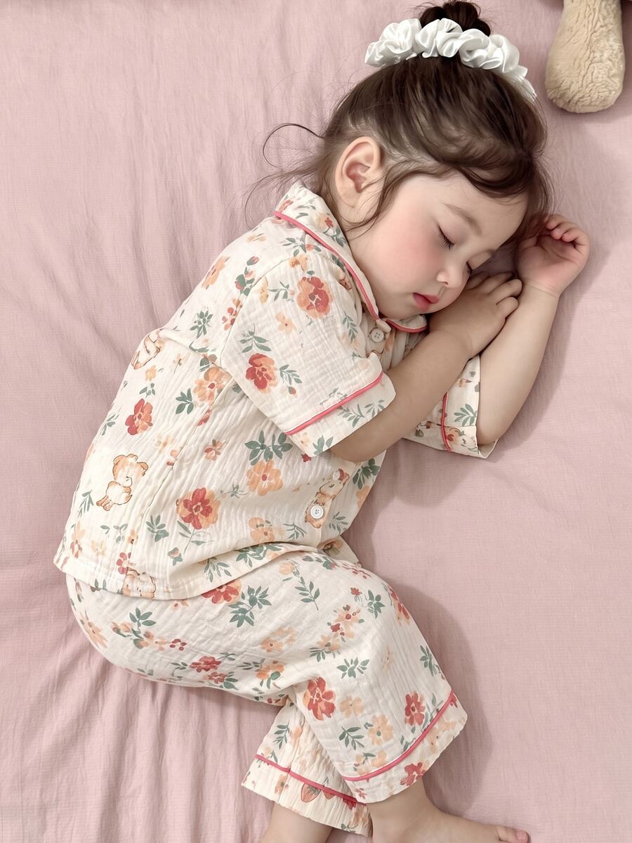 [1 Set Randomly Sent]Girls' Toddler Pajama Set With Playful And Natural Vibe, Light Beige Top With Classic Lapel Design, Contrasting Trim On Neckline, Cuffs And Hem, Short Sleeve Long Pants Pajama Set With 4 Different Prints: Floral, Bear, Bow, Strawberry, Rabbit, Surprise Blind Box Randomly Sent 1 Set