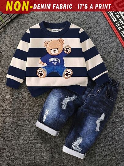 SHEIN 2pcs/Set Baby Boy Casual Matching Back-To-School Toddler Long Sleeve Sweatshirt & Pants Outfit Autumn Fall