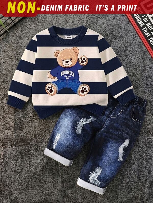 SHEIN 2pcs/Set Baby Boy Casual Matching Back-To-School Toddler Long Sleeve Sweatshirt & Pants Outfit Autumn Fall