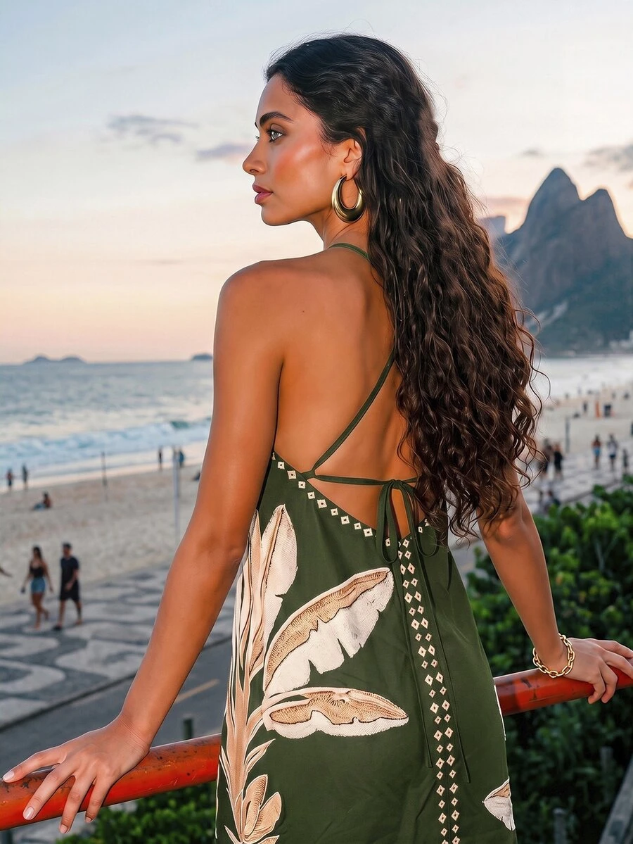 CAJUNI Chic Vacation Retro Resort Golden Palm Tree Mini Dress. - Olive Green - View 1