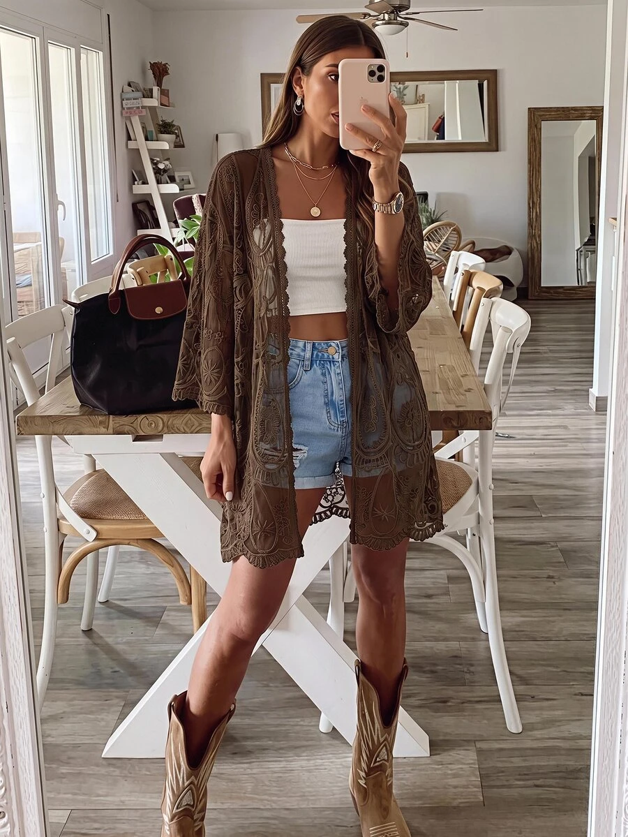 Brillora Vacation Beach Embroidered Kimono Cover-Up - Brown - View 1