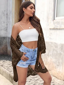 Brillora Vacation Beach Embroidered Kimono Cover-Up - Brown - View 5
