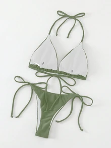Swim Basics 女款純色性感綁帶比基尼泳衣套裝，夏季海灘度假沙灘裝 - 軍綠色 - 查看 4