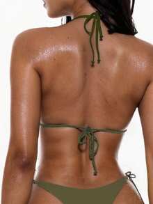 Swim Basics 女款純色性感綁帶比基尼泳衣套裝，夏季海灘度假沙灘裝 - 軍綠色 - 查看 2