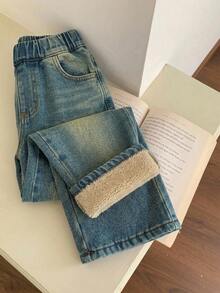 Dazy Kids 女童牛仔褲 春夏新款 後口袋水鑽裝飾喇叭牛仔褲 (大號) - 深色水洗藍 - 查看 4