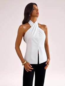 SHEIN Tall Summer Elegant Solid Color Backless Halter Top - White - View 5