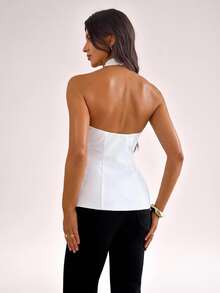 SHEIN Tall Summer Elegant Solid Color Backless Halter Top - White - View 2