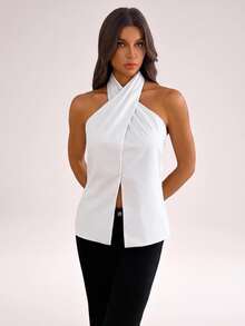 SHEIN Tall Summer Elegant Solid Color Backless Halter Top - White - View 6