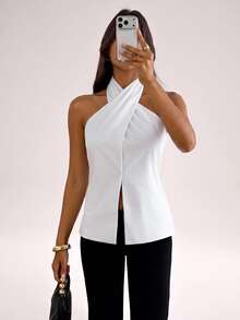 SHEIN Tall Summer Elegant Solid Color Backless Halter Top - White - View 4