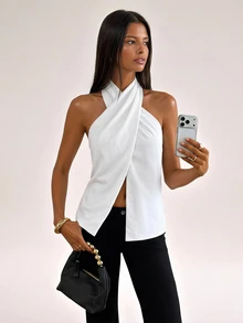 SHEIN Tall Summer Elegant Solid Color Backless Halter Top - White - View 1