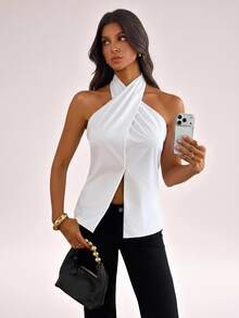 SHEIN Tall Summer Elegant Solid Color Backless Halter Top - White - View 7