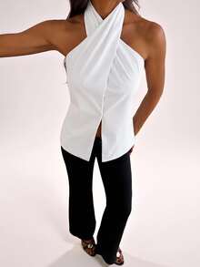 SHEIN Tall Summer Elegant Solid Color Backless Halter Top - White - View 3