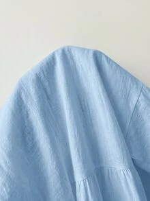 SHEIN EZwear 100%純棉淺藍色亞麻編織女款襯衫，夏季上衣，適合日常通勤、約會、聚會、秋冬/夏季、聖誕節、新年、感恩節、派對、婚禮、海灘、畢業典禮、時尚、優雅、休閒、外出、約會、預約、通勤、亮麗、情人節、優雅、度假 - 淺藍色 - 查看 7