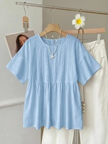 SHEIN EZwear 100%純棉淺藍色亞麻編織女款襯衫，夏季上衣，適合日常通勤、約會、聚會、秋冬/夏季、聖誕節、新年、感恩節、派對、婚禮、海灘、畢業典禮、時尚、優雅、休閒、外出、約會、預約、通勤、亮麗、情人節、優雅、度假 - 淺藍色 - 查看 3