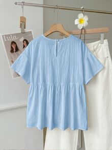 SHEIN EZwear 100%純棉淺藍色亞麻編織女款襯衫，夏季上衣，適合日常通勤、約會、聚會、秋冬/夏季、聖誕節、新年、感恩節、派對、婚禮、海灘、畢業典禮、時尚、優雅、休閒、外出、約會、預約、通勤、亮麗、情人節、優雅、度假 - 淺藍色 - 查看 2