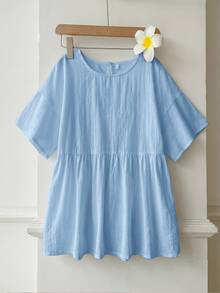 SHEIN EZwear 100%純棉淺藍色亞麻編織女款襯衫，夏季上衣，適合日常通勤、約會、聚會、秋冬/夏季、聖誕節、新年、感恩節、派對、婚禮、海灘、畢業典禮、時尚、優雅、休閒、外出、約會、預約、通勤、亮麗、情人節、優雅、度假 - 淺藍色 - 查看 4