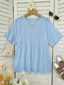 SHEIN EZwear 100%純棉淺藍色亞麻編織女款襯衫，夏季上衣，適合日常通勤、約會、聚會、秋冬/夏季、聖誕節、新年、感恩節、派對、婚禮、海灘、畢業典禮、時尚、優雅、休閒、外出、約會、預約、通勤、亮麗、情人節、優雅、度假 - 淺藍色 - 查看 6