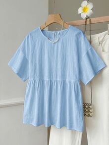 SHEIN EZwear 100%純棉淺藍色亞麻編織女款襯衫，夏季上衣，適合日常通勤、約會、聚會、秋冬/夏季、聖誕節、新年、感恩節、派對、婚禮、海灘、畢業典禮、時尚、優雅、休閒、外出、約會、預約、通勤、亮麗、情人節、優雅、度假 - 淺藍色 - 查看 5
