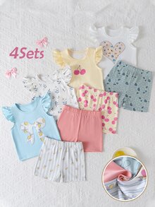 SHEIN Playful Pals 4套幼兒女童可愛休閒花朵櫻桃愛心印花荷葉袖柔軟兩件套夏季上衣短褲套裝 度假海灘穿搭 - 彩色 - 查看 7