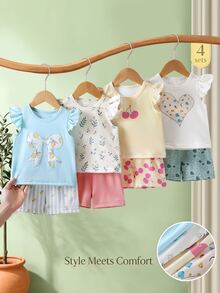 SHEIN Playful Pals 4套幼兒女童可愛休閒花朵櫻桃愛心印花荷葉袖柔軟兩件套夏季上衣短褲套裝 度假海灘穿搭 - 彩色 - 查看 2