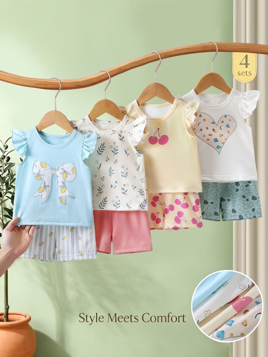 SHEIN Playful Pals 4套幼兒女童可愛休閒花朵櫻桃愛心印花荷葉袖柔軟兩件套夏季上衣短褲套裝 度假海灘穿搭