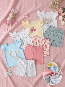 SHEIN Playful Pals 4套幼兒女童可愛休閒花朵櫻桃愛心印花荷葉袖柔軟兩件套夏季上衣短褲套裝 度假海灘穿搭 - 彩色 - 查看 10