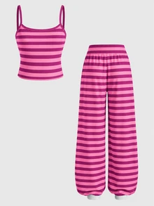 Tween Girl Knitted Camisole Top And Striped Loose Pants Set - Multicolor - View 2