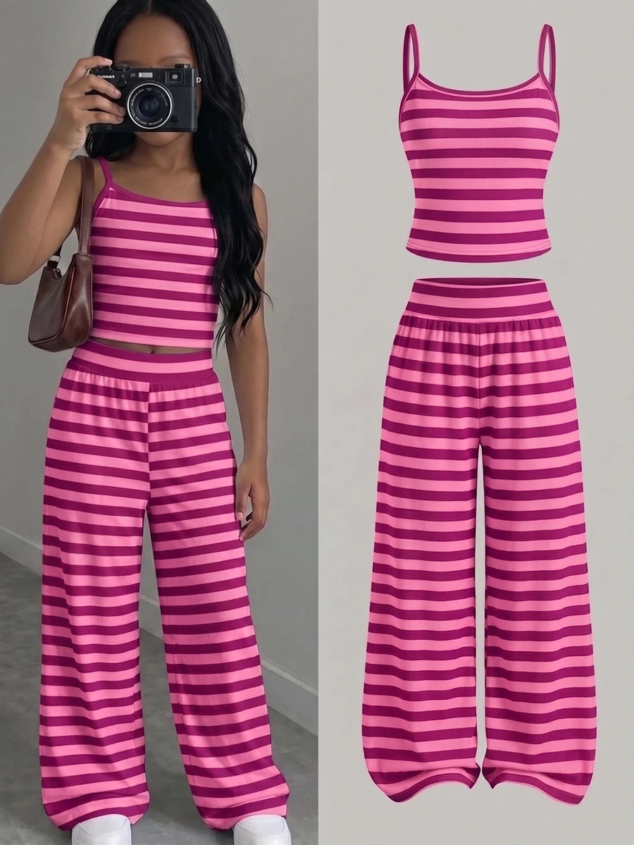 Tween Girl Knitted Camisole Top And Striped Loose Pants Set - Multicolor - View 1