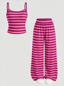 Tween Girl Knitted Camisole Top And Striped Loose Pants Set - Multicolor - View 3