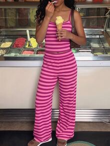 Tween Girl Knitted Camisole Top And Striped Loose Pants Set - Multicolor - View 4