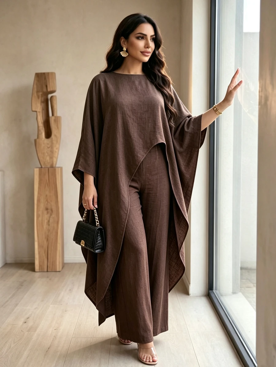 Modelyn Kemeja Panjang Longgar Lengan Kelelawar Warna Cokelat dengan Celana Panjang Lurus Berpinggang Elastis, Setelan 2 Potong Ukuran Plus yang Modis, Elegan, dan Cantik - Coklat - View 1