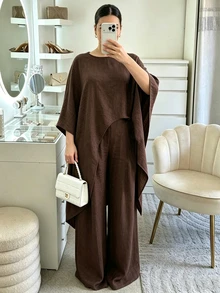 Modelyn Kemeja Panjang Longgar Lengan Kelelawar Warna Cokelat dengan Celana Panjang Lurus Berpinggang Elastis, Setelan 2 Potong Ukuran Plus yang Modis, Elegan, dan Cantik - Coklat - View 4
