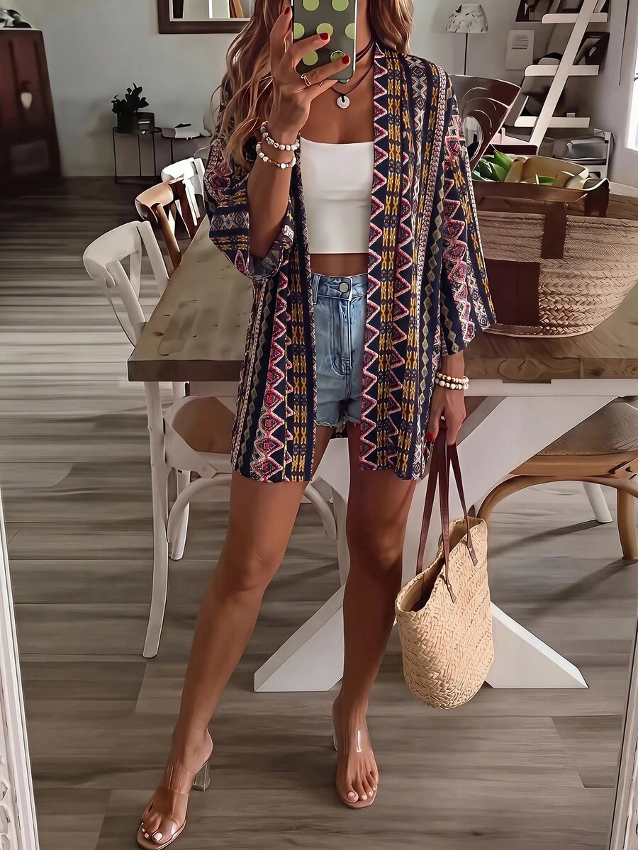 Brillora 女款夏季時尚休閒輕盈歐式波希米亞優雅度假浪漫花卉印花極簡寬鬆條紋柔軟和服式罩衫 海軍藍
