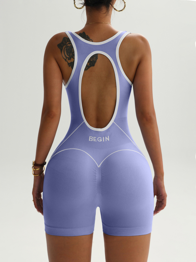 Slayform Slayform Women's Seamless Open Back Workout Romper High Stretch Sleeveless White Contrast Trim Scrunch Butt Lift Sculpting For Yoga Gym Fitness - Blue - View 3