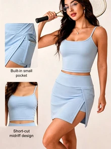 Sovereign Charm Setelan Tenis 2 Potong Warna Biru Muda, Atasan Tank Pendek dengan Tali Bahu Tipis dan Rok Pinggang Tinggi, Elastis, Untuk Olahraga, Golf, Yoga - Biru - View 1