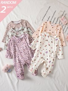 新生兒 0-12 個月森林風休閒可愛小碎花對比色長袖連身衣包腳款 米色 萊姆綠 橘色 桃色 白色 - 彩色 - 查看 4