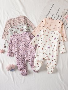 新生兒 0-12 個月森林風休閒可愛小碎花對比色長袖連身衣包腳款 米色 萊姆綠 橘色 桃色 白色 - 彩色 - 查看 2