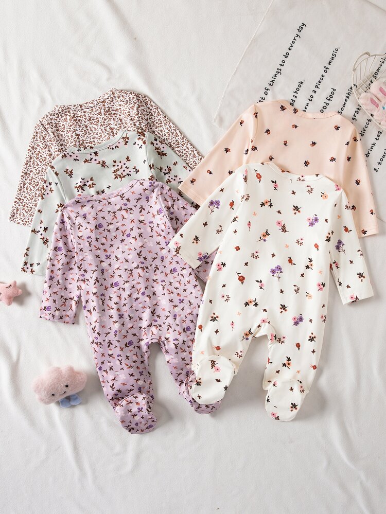 Newborn 0-12 Months Jumpsuit Forest Style Casual Kawaii Cute Ditsy Floral Contrast Color Long Sleeve Footed Beige Lime Green Orange Peach White - Multicolor - View 2