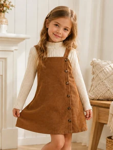 Young Girl Mock Neck Tee & Button Front Overall Casual Buttoned Multicolor Knit Breathable Flowy Feminine Classic Girls Dress - Multicolor - View 1