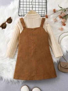 Young Girl Mock Neck Tee & Button Front Overall Casual Buttoned Multicolor Knit Breathable Flowy Feminine Classic Girls Dress - Multicolor - View 2