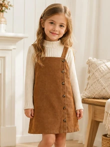 Young Girl Mock Neck Tee & Button Front Overall Casual Buttoned Multicolor Knit Breathable Flowy Feminine Classic Girls Dress - Multicolor - View 8