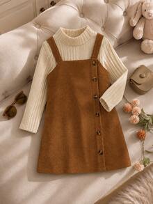 Young Girl Mock Neck Tee & Button Front Overall Casual Buttoned Multicolor Knit Breathable Flowy Feminine Classic Girls Dress - Multicolor - View 9