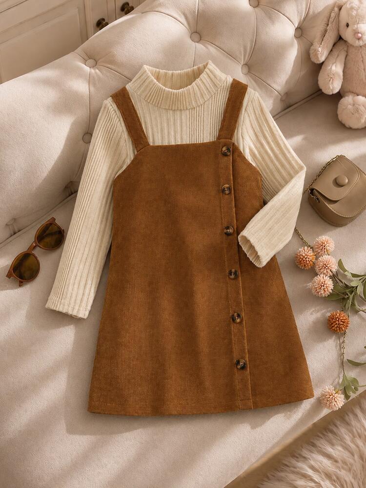 Young Girl Mock Neck Tee & Button Front Overall Casual Buttoned Multicolor Knit Breathable Flowy Feminine Classic Girls Dress - Multicolor - View 9