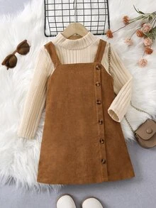 Young Girl Mock Neck Tee & Button Front Overall Casual Buttoned Multicolor Knit Breathable Flowy Feminine Classic Girls Dress - Multicolor - View 3