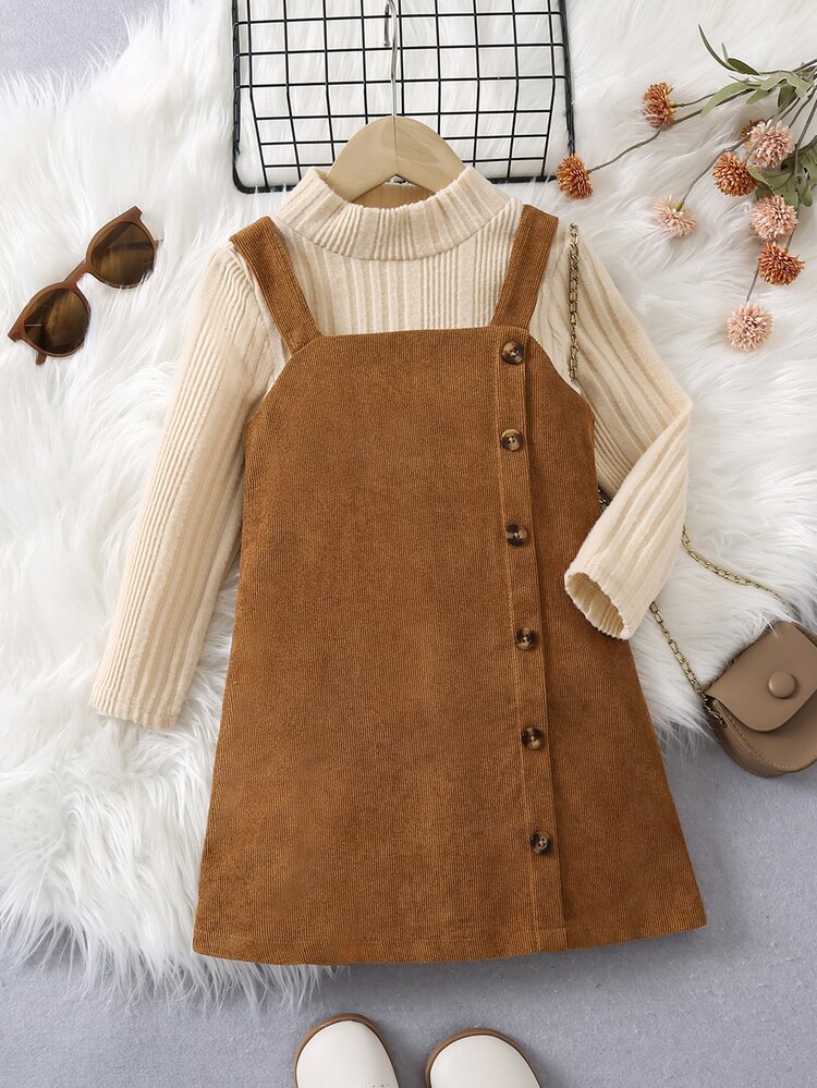 Young Girl Mock Neck Tee & Button Front Overall Casual Buttoned Multicolor Knit Breathable Flowy Feminine Classic Girls Dress - Multicolor - View 3