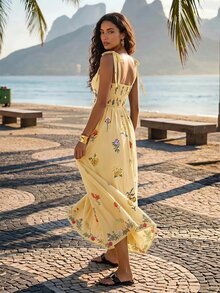 CAJUNI Floral Print Cami Strap Vacation Casual Dress - Butter Yellow - View 2