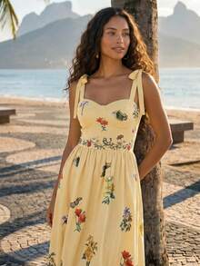 CAJUNI Floral Print Cami Strap Vacation Casual Dress - Butter Yellow - View 5