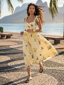 CAJUNI Floral Print Cami Strap Vacation Casual Dress - Butter Yellow - View 3